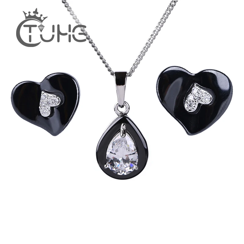 

Women Jewelry Water Drop Necklace Heart Shape Earrings for Women With CZ Crystal Made Of Ceramic Never Fade Color Jewelry Sets