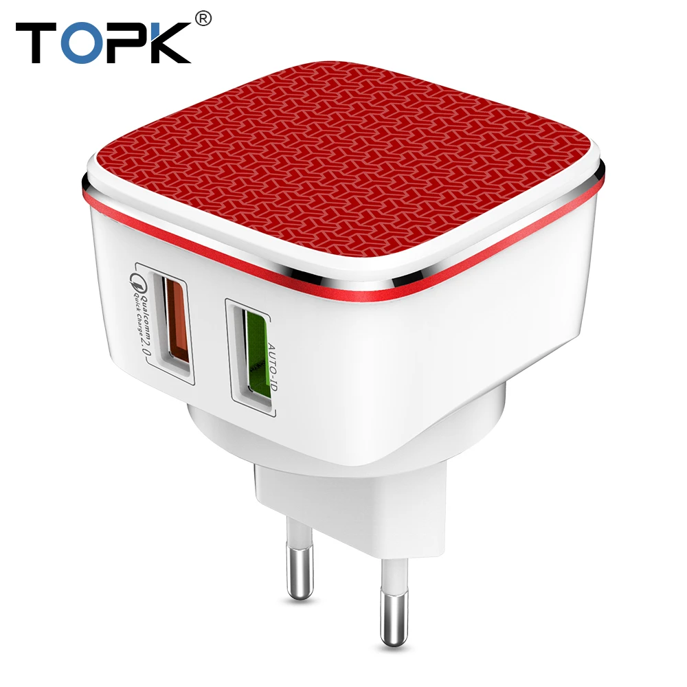 

TOPK 5V 2.4A Smart Travel Dual USB Charger Adapter Wall Portable EU Plug Mobile Phone Charger for iPhone Samsung Xiaomi Tablet