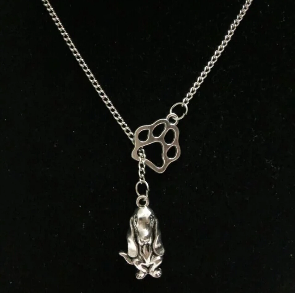 

Fashion Vintage silver Basset Hound Dog & cat/dog paw charm Pendant sweater chain suitable necklace DIY jewelry AccessoriesX109