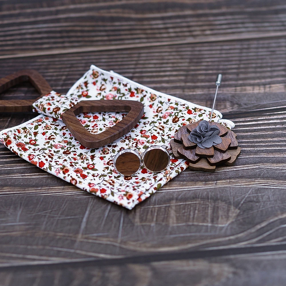  Men Wedding Party Polka Dot Carved Wood Bow Tie Cuff Links Handkerchief Bowtie Cufflinks And Brooch