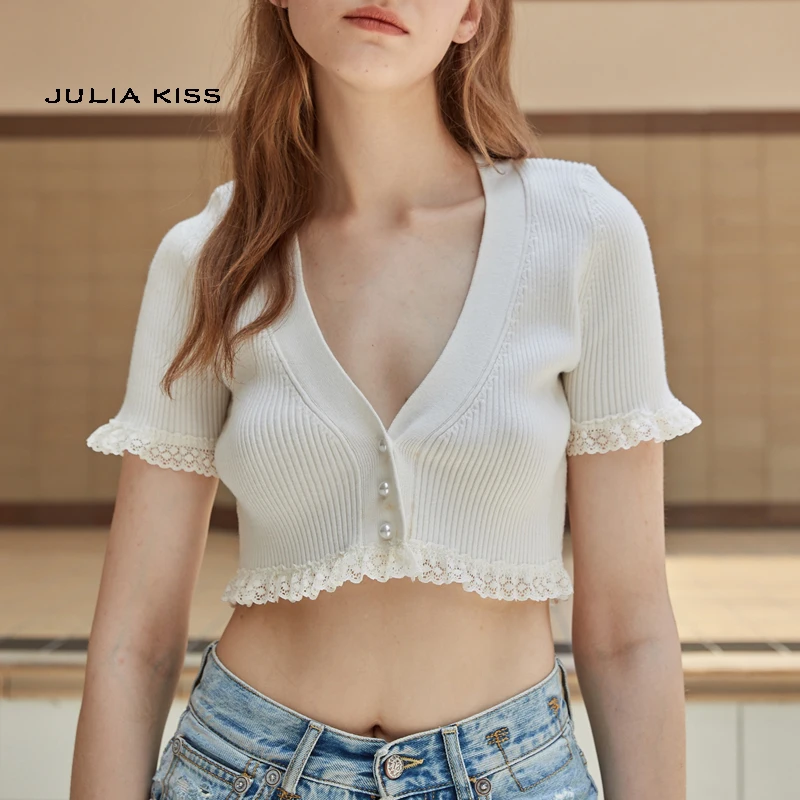 

Women Deep V Neck Knit Rib Crop Cardigans With Lace Trimming