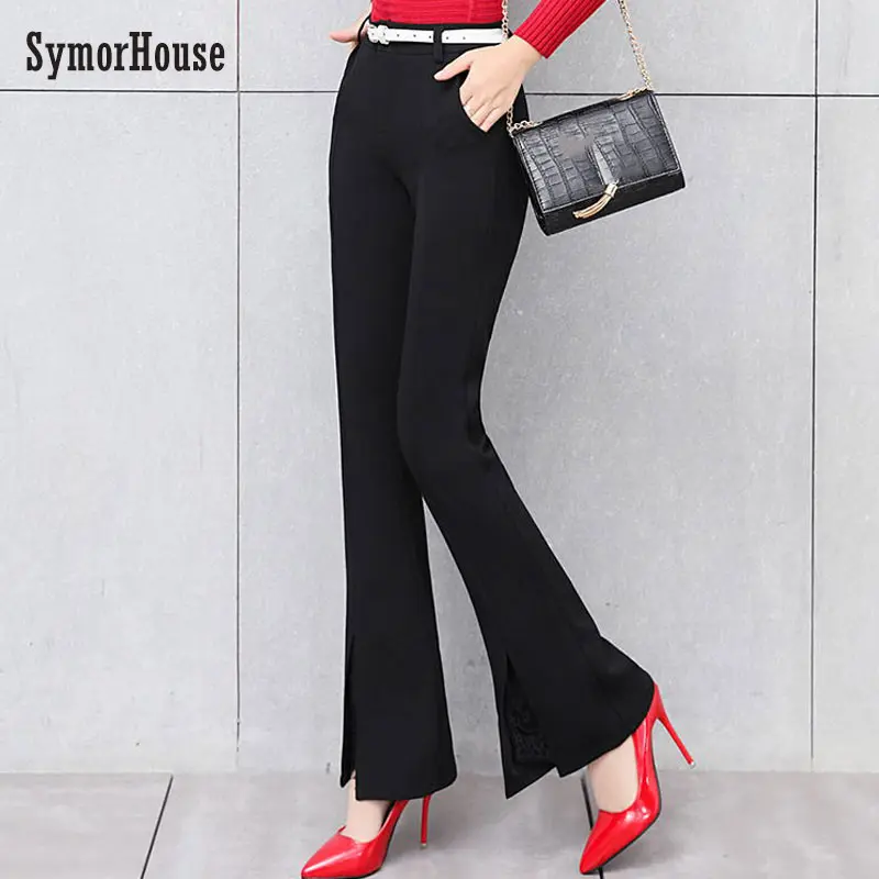 Черные элегантные офисные женские брюки клеш с эластичным поясом, брюки с подолом, повседневные однотонные кружевные лоскутные брюки, осенние женские брюки, брюки