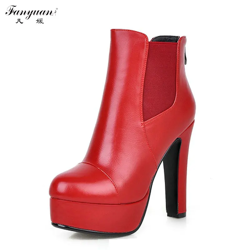

2017 New Autumn Winter Flock Fur Shoes Woman Boots Leather Ankle Boots Round Toe High Heel Platform Boots With Thick Heel