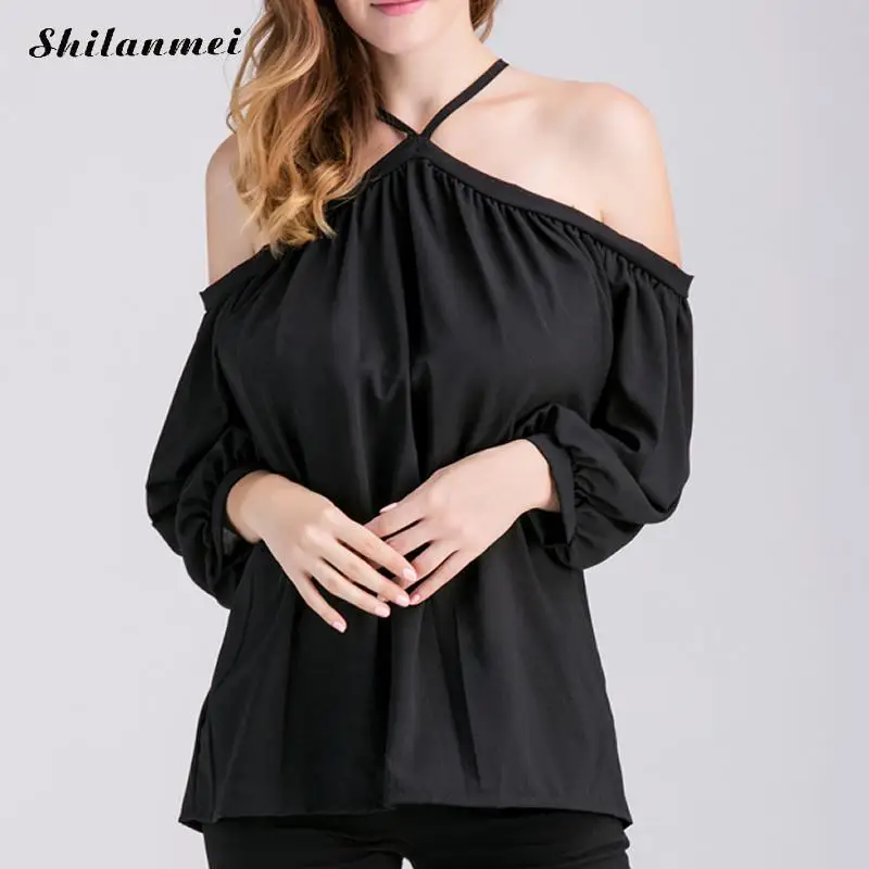 2017 Women Cold shoulder Strap long shirts sexy Black Backless tops