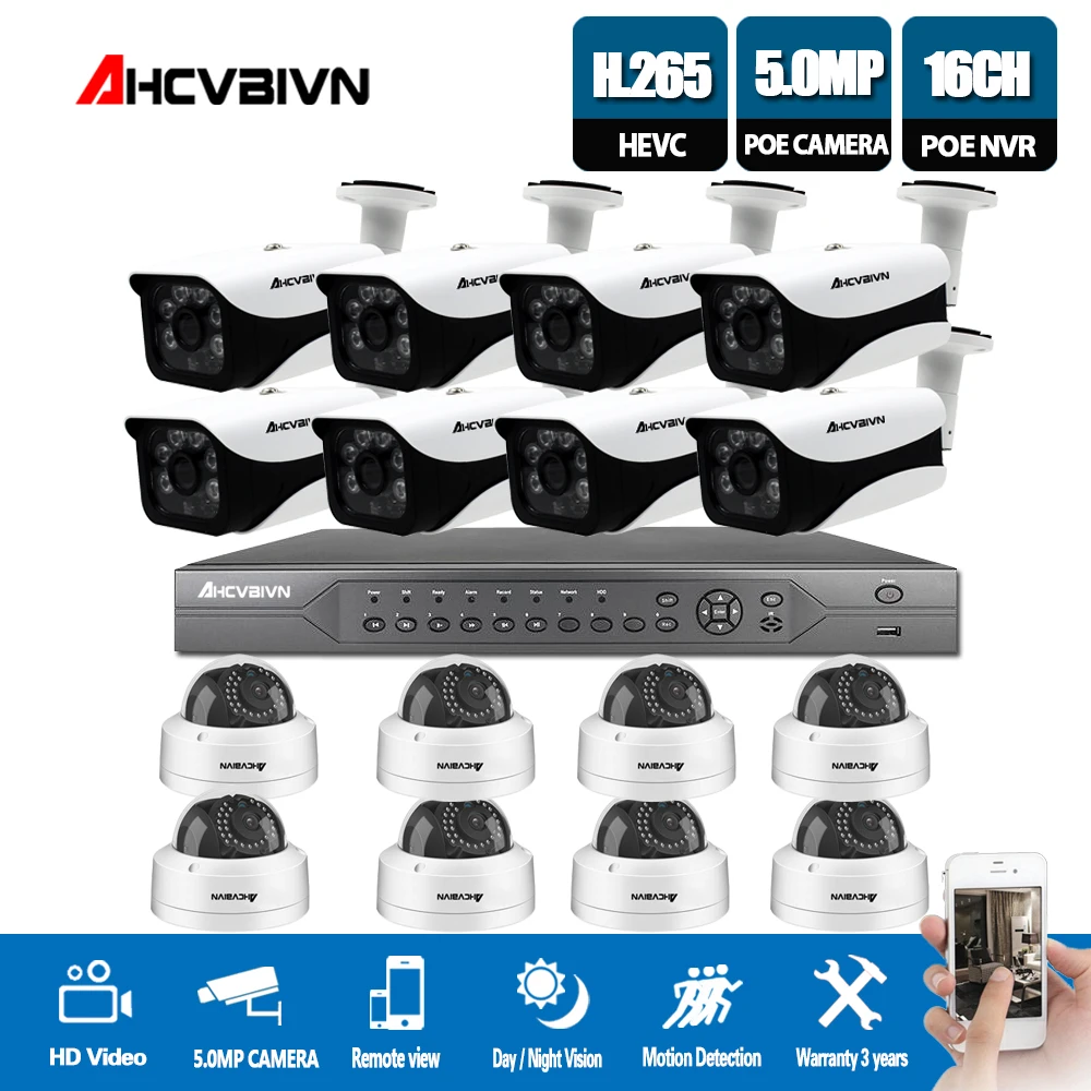 

HD H.265 5MP POE Security Camera CCTV System 16CH NVR 16 PCS 5MP IP Camera Outdoor Day/Night View Weatherproof Surveillance Kit