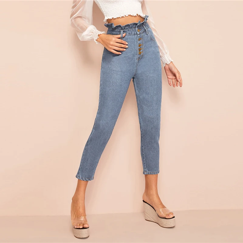Sheinside синие повседневные узкие джинсы на пуговицах для женщин летние бумажные сумки на талии укороченные брюки женские брюки с высокой талией