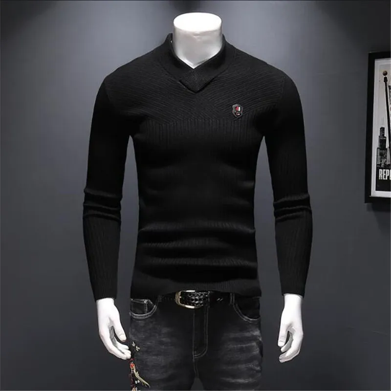 Высококачественный свитер из шерсти альпаки с длинными рукавами 95% осень мужской свитер чистого цвета с v-образным вырезом - Цвет: black