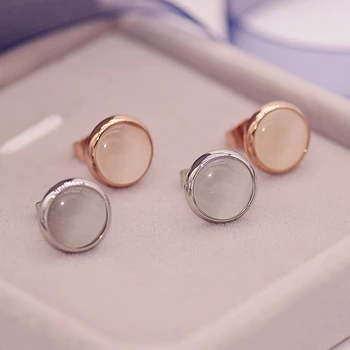 

YUN RUO Brand Rose Gold Color Cat's Eye Opal Stone Stud Earring for Woman Girl 316 L Stainless Steel Fashion Jewelry Bijouterie