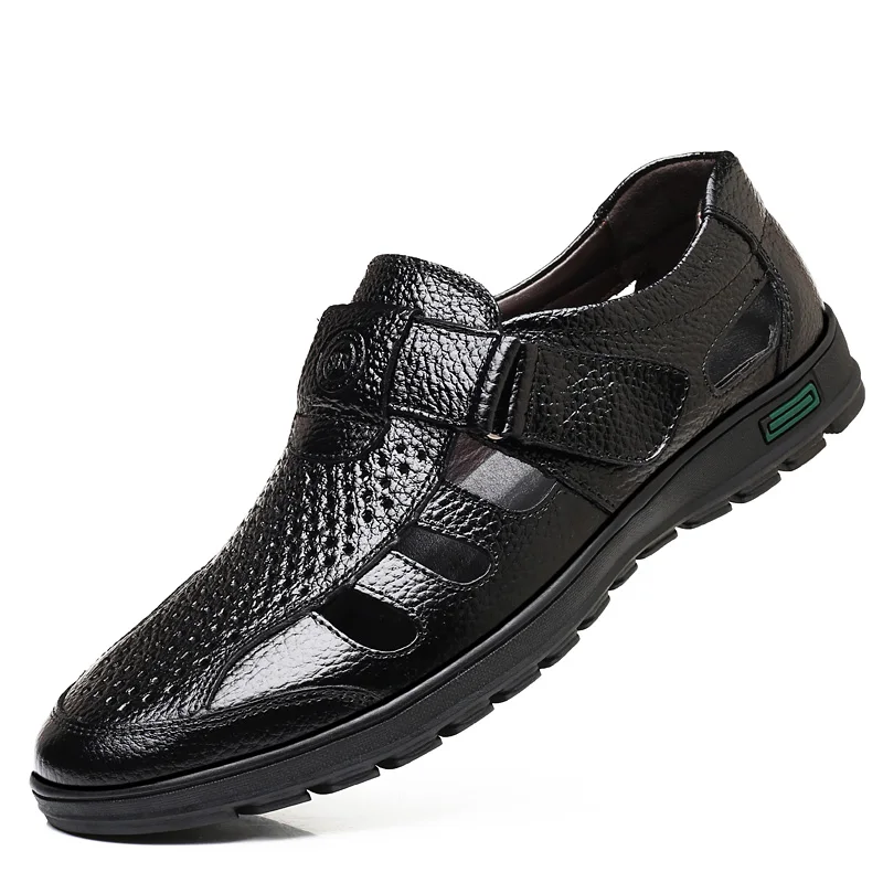 UPUPER/; летние мужские сандалии для взрослых; кожаные сандалии; мужские кожаные сандалии; черные модельные туфли; Sandalias; большие размеры 38-48 - Цвет: Черный