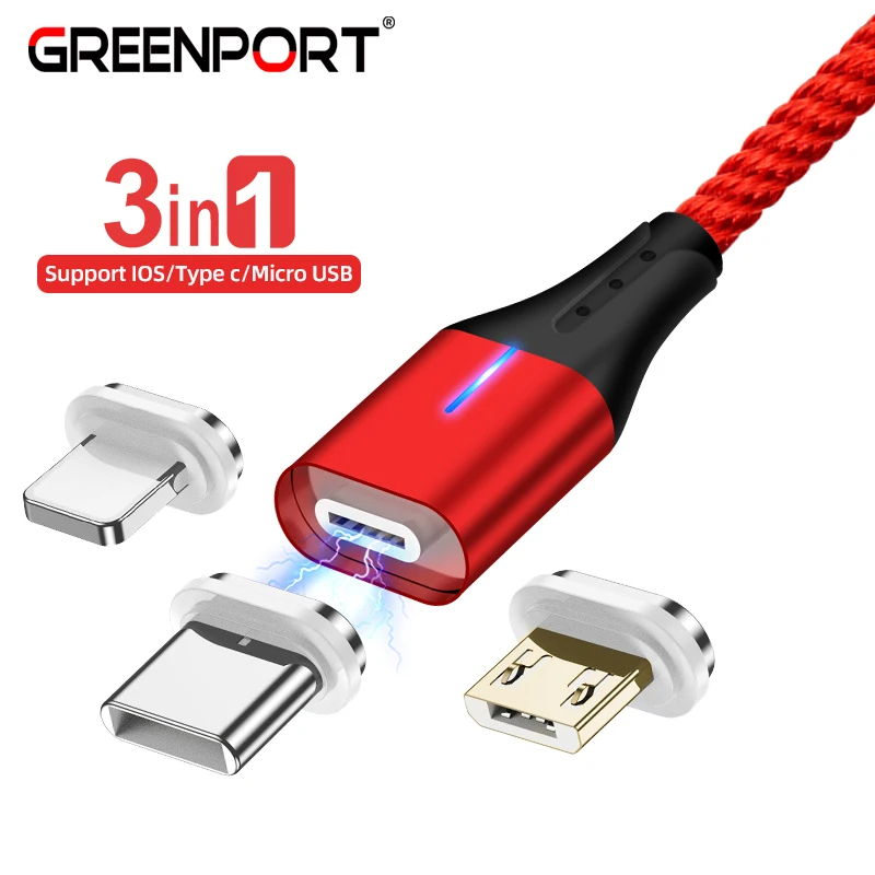 

GREENPORT 3 in 1 Magnetic Cable Micro USB Type C Cable for iPhone xs Charging Wire for Samsung Huawei Mobile Phone 3A Fast Charg