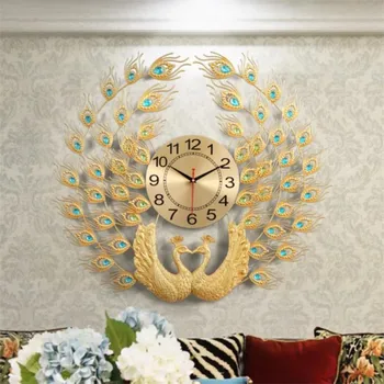 

Personality Luxury Crystal Peacock Wall Clock Design Wall Clock Mounted Metal Wall Watch DIY Living Room Decoration R1486