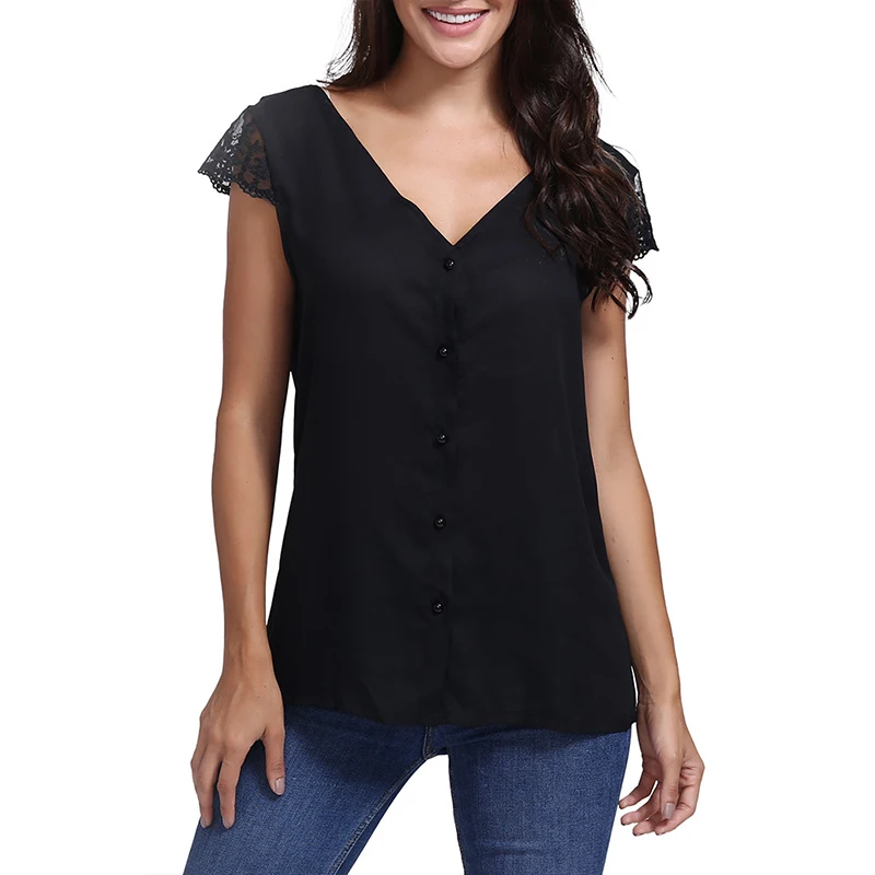 

Duzeala 2019 Back Lace Blouse Women Sexy Backless Buttons Short Sleeve Chiffon Shirt Lady V Neck Summer Tops Plus Size
