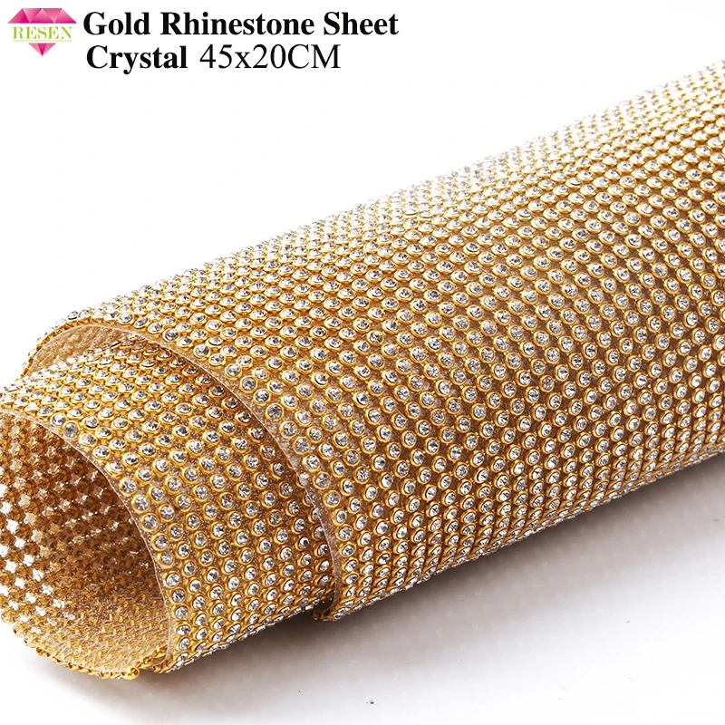 

RESEN 45X20CM/PCS Hotfix Iron On Crystal Rhinestone Sheet Gold Base Adhesive Diamond Wrap For DIY Party Stage Decoration