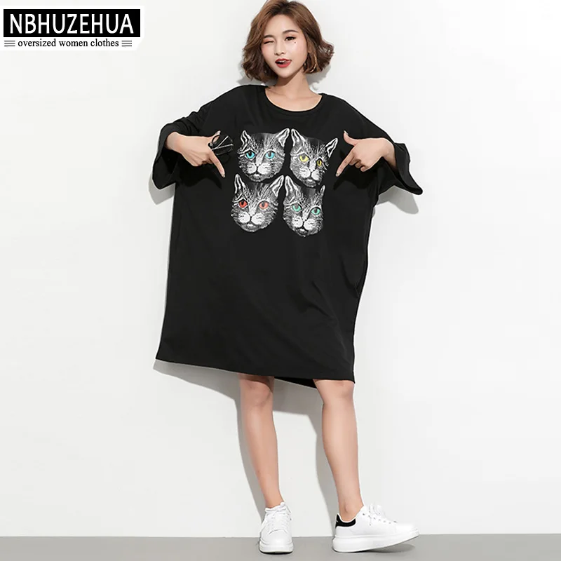 

NBHUZEHUA 7G881 Plus Size Women Dress European Street Style Oversized Shirt Dress Cat Print Loose Female Big Size Dress 5XL 6XL