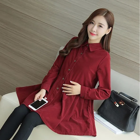 3 Color Formal Office Maternity Dresses for Women Autumn Spring Lapel Corduroy Pregnancy Clothes for Pregnant Women