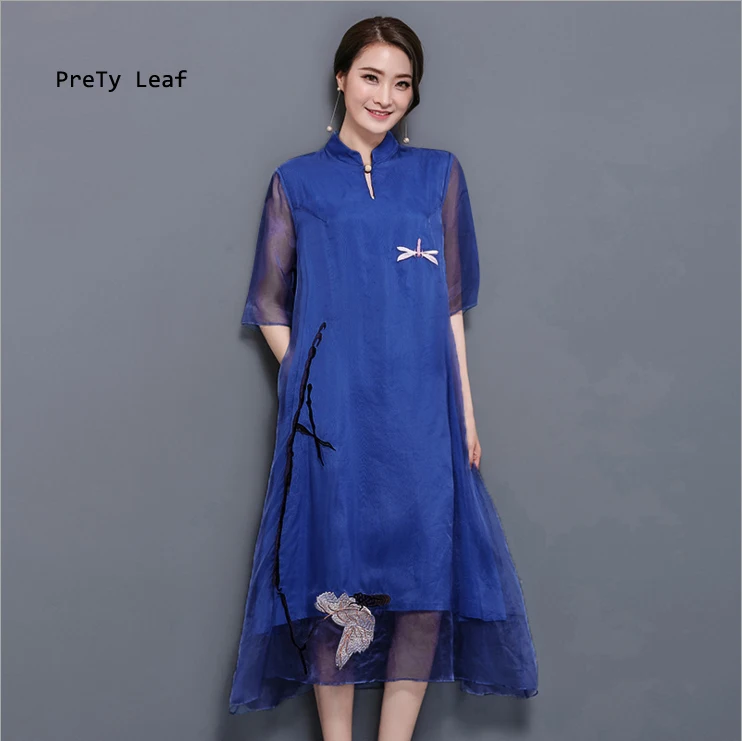 Summer new style collar national wind Eugen yarn embroidery dress