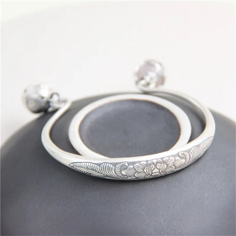 

JINSE New Sterling Silver Jewelry S999 Fine Silver Peony Bangles for Women Silver S999 Jewelry Bell Charms Bracelets & Bangles