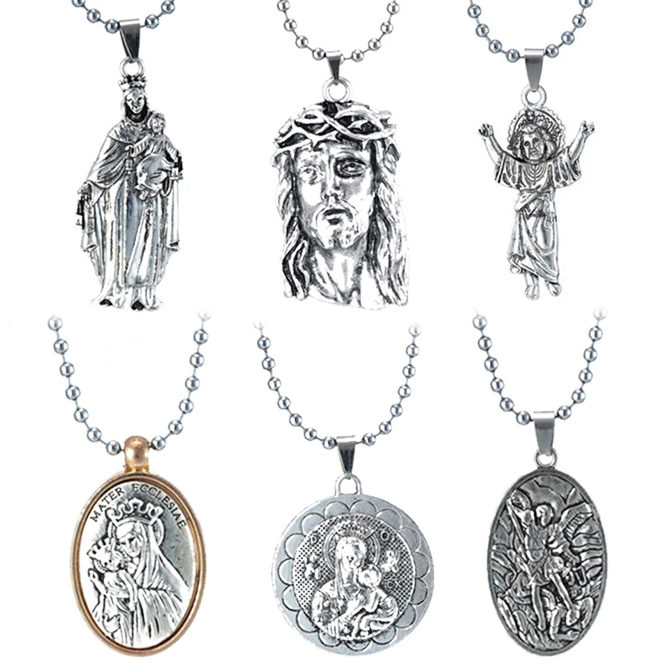

Beads Long Chain Antique Silver 12 Style Necklaces For Women Virgin Mary Jesus Christ Baby Pendent Fashion Necklace Jewelry