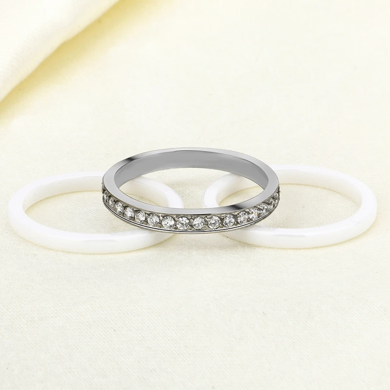 New Fashion Jewelry 3pcs/Set Trendy Ring With Half Circle Bling Drilling White Color Gift For Women Girl Healthy Ceramic Rings