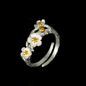 

New Arrival 925 Sterling Silver Plum Flower Rings for Women Jewelry Fashion Open Adjustable Finger Ring Free Shipping
