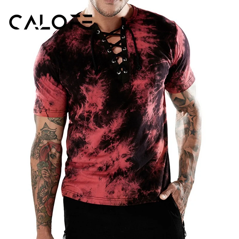 CALOFE брендовая мужская летняя футболка, мягкая открытая Пляжная футболка с коротким рукавом, топы, футболки для серфинга, лоскутные футболки, футболки на шнуровке, мужские футболки