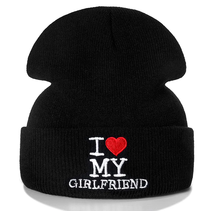 Новинка унисекс пара Beanie I LOVE MY BOYFRIEND письмо повседневные зимние шапки для мужчин женщин теплая вязаная шапка модная однотонная шапка - Цвет: Girlfriend Black