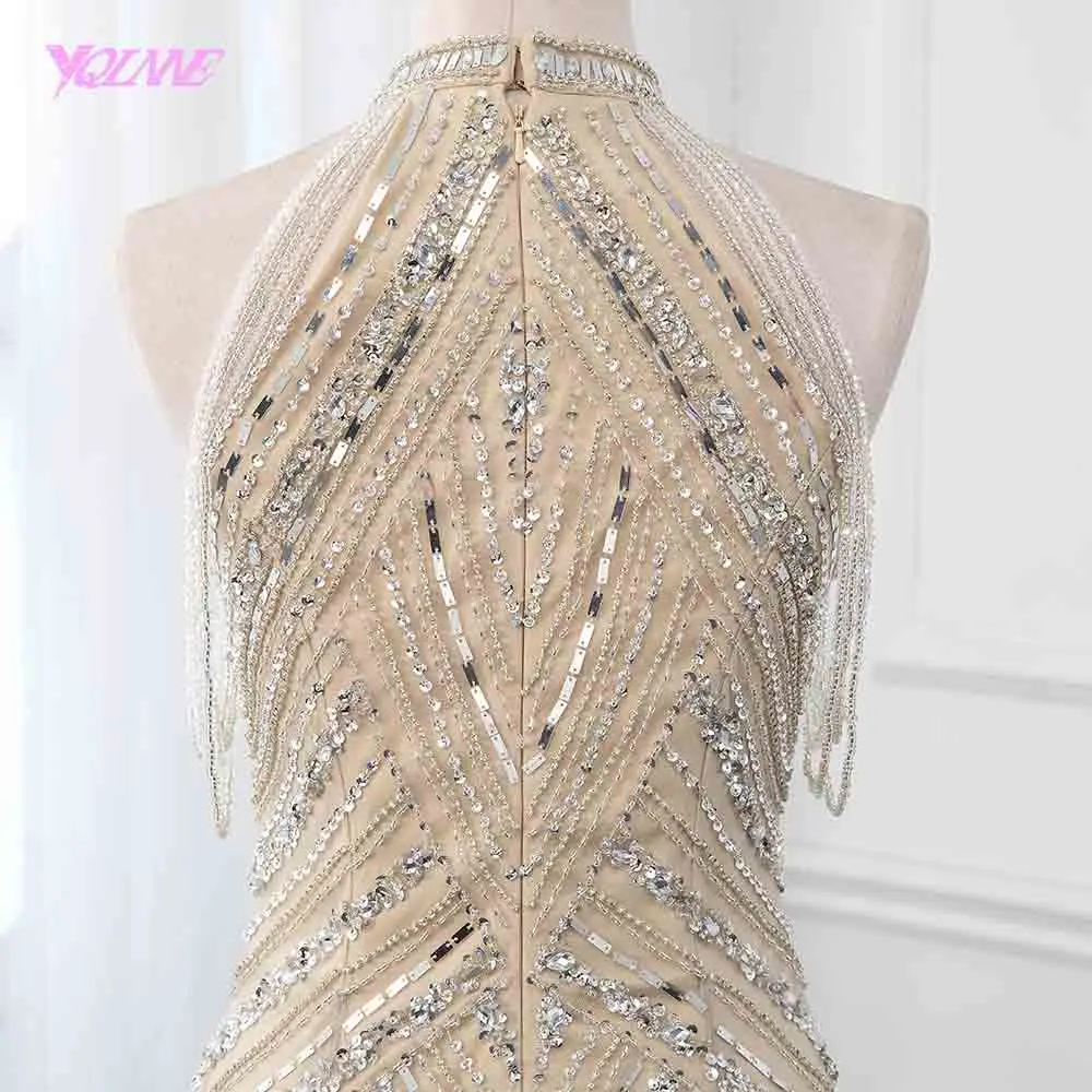 YQLNNE Champagne Crystals Evening Dress Long Pageant Dresses Mermaid Evening Gown Competition