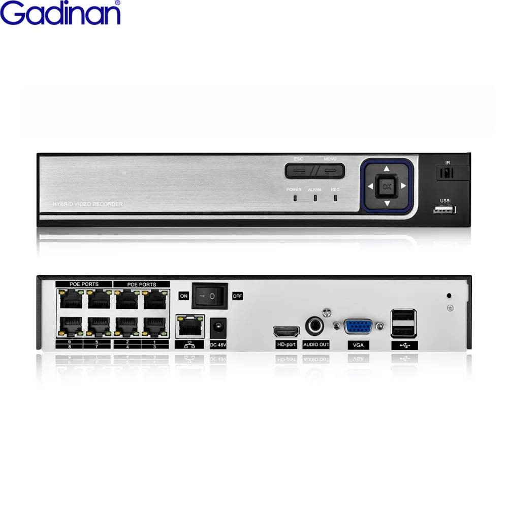 Gadinan H.265 8CH 4MP/4CH 5MP 48V POE NVR 1080P Аудио выход наблюдения безопасности P2P видео рекордер для POE камеры обнаружения движения