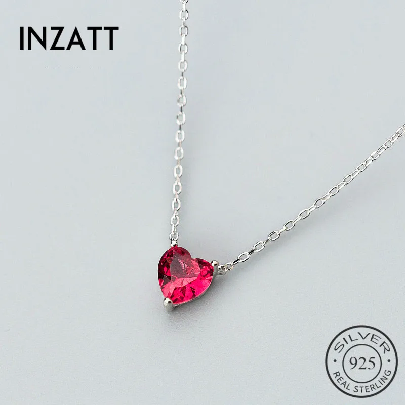 

INZATT Real 925 Sterling Silver Cute Red Crystal Heart Choker Necklace Personality Fine Jewelry For Women Wedding Accessories