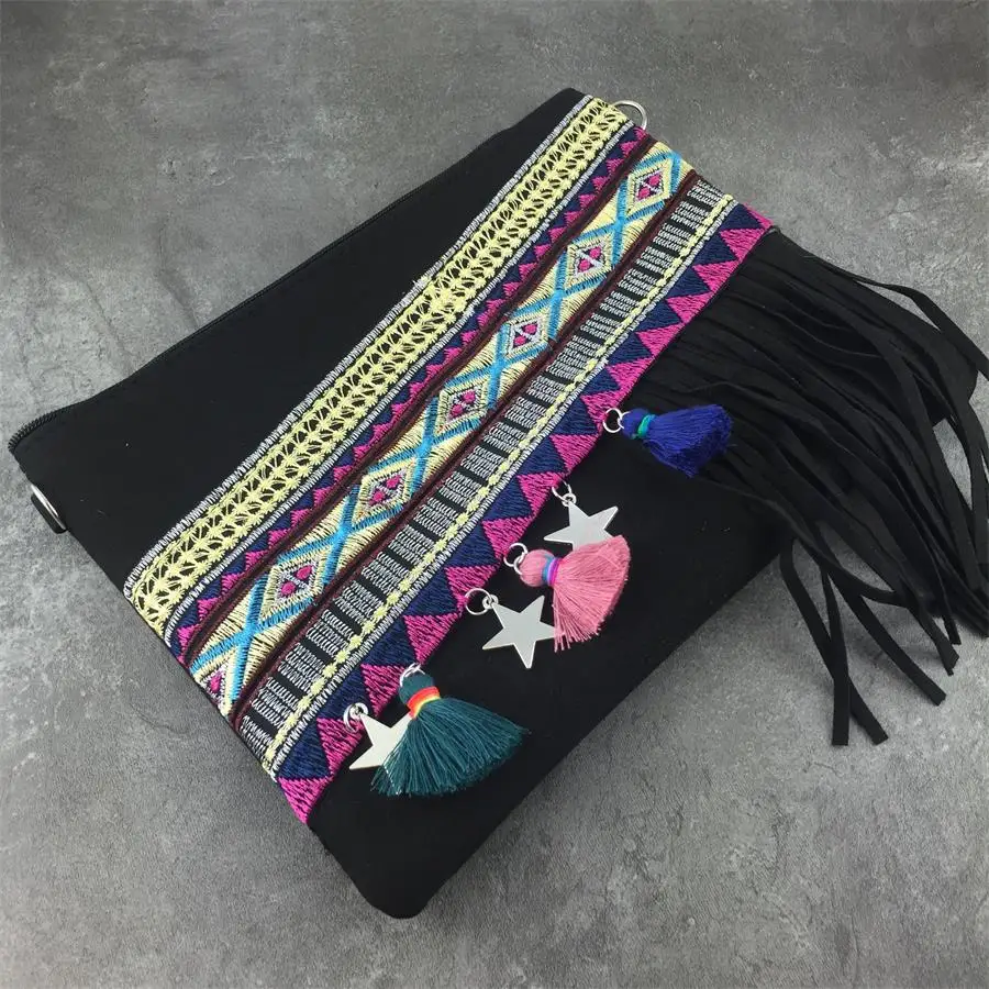 Bolso de hombro étnico Vintage bohemio único, bolso de mensajero de mano con borla Hippie negro, nuevo