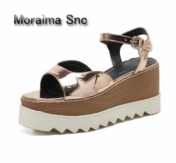 Moraima Snc sandals peep toe star leather wedges sandals women Thick bottom platform shoes women summer buckle high heels shoes moraima snc gladiator shoes black peep toe women wedges shoes color crystal butterfly knot platform high heels sandals women