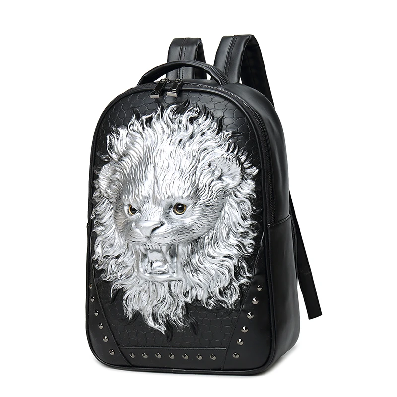 

2017 High Quality 3D Lion Head Embossing Rivet Satchel Man Backpack Halloween Cool Leather laptop Travel Soft School Bags