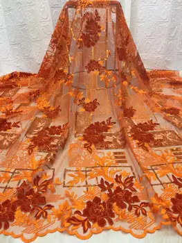 

2019 High Quality African Lace Fabric Orange French Net Embroidery Sequins Tulle Lace Fabric For Nigerian party Dress(7-19