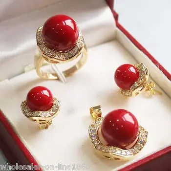 

10mm &14mm Coral Red South sea Shell Pearl Earrings Ring Necklace Pendant Set Crystal Women Wedding