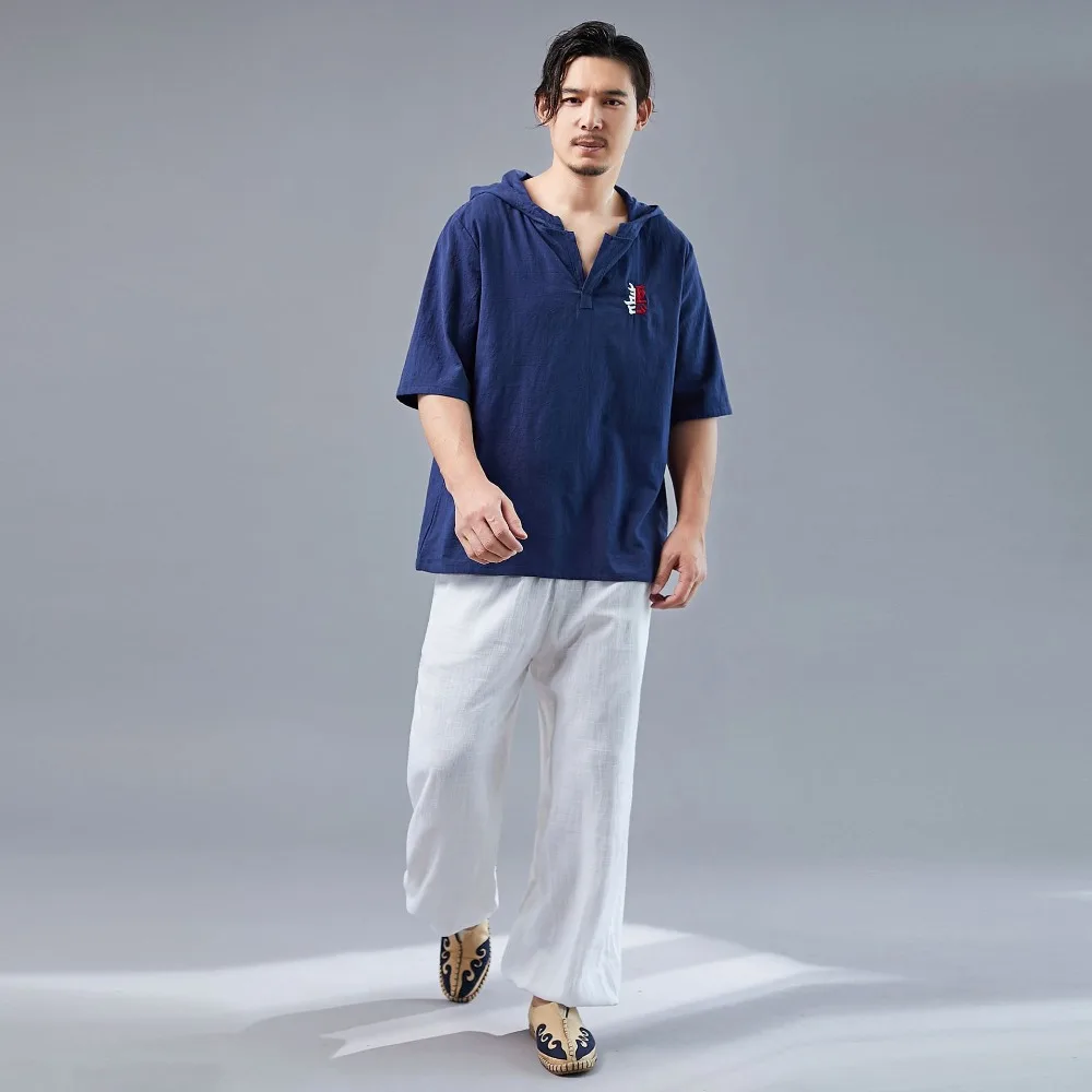 LZJN 2019 Men's Shirt Summer Style Hooded Short Sleeve Blouse Top Men New Casual Embroidery Cotton Linen Shirt Camisas De Hombre (16)