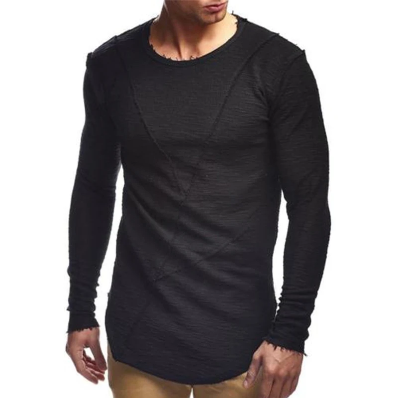 Comfortable Extend HipHop Men T Shirt Long Sleeve Basic Solid O-Neck Patchwork Loose Gyms Muscle Shirts Tee Male Clothing - Цвет: Black