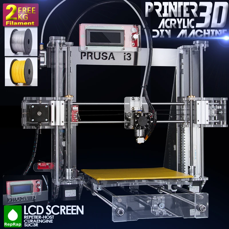 2015 Hot Full Acrylic Quality High Precision Reprap Prusa i3 LCD DIY 3d Printer Kit with 2 KG Filament 8G SD card for Free