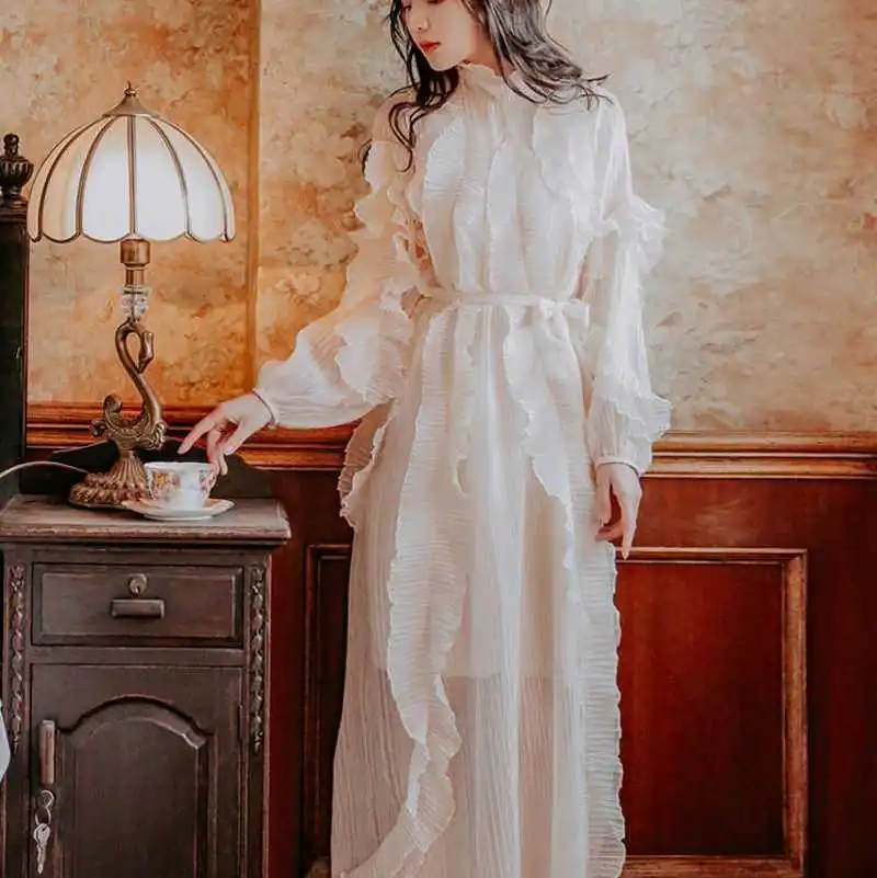 Высококачественное подиумное платье весна лето женское элегантное белое Плиссированное длинное платье макси с длинным рукавом - Цвет: as picture