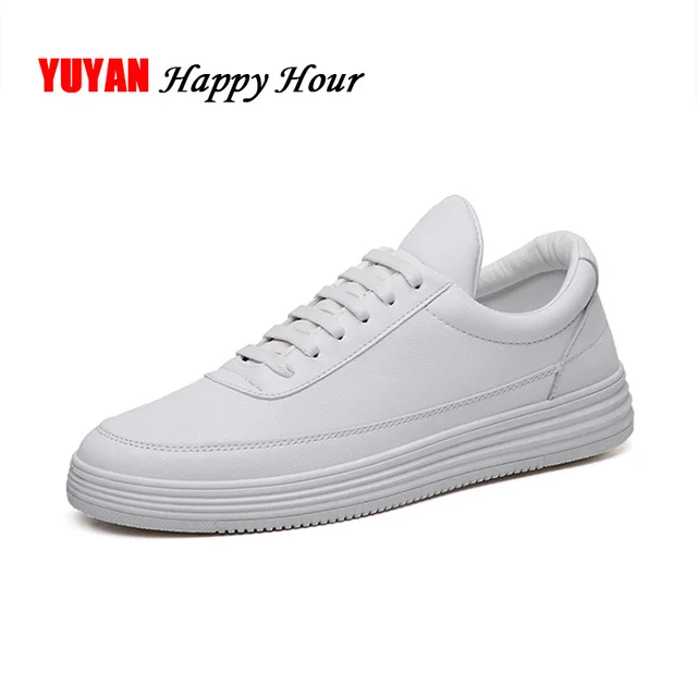 US $13.24 Men Sneakers Soft Leather Casual Shoes Flat Fashion Brand Sneakers Mens White Shoes Black KA015