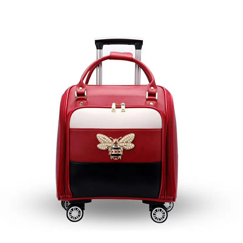 TRAVEL TALE leather suitcase women carry on travel case luggage 16" cabin travel bag - Цвет: red