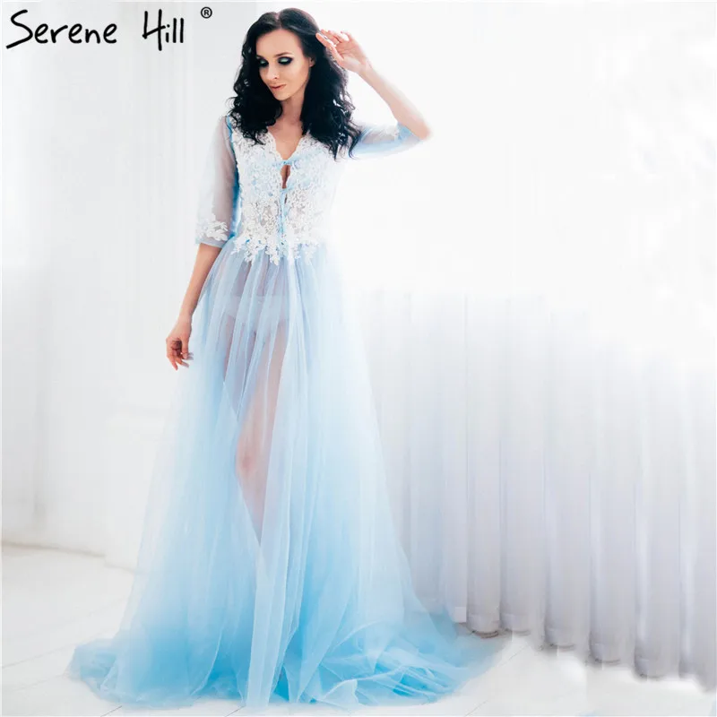 

Lace Formal Photo dress Long Sleeve See Through Blue Evening Dresses Custom Size Plus Size 2019 Sexy Evening Dress HA2098
