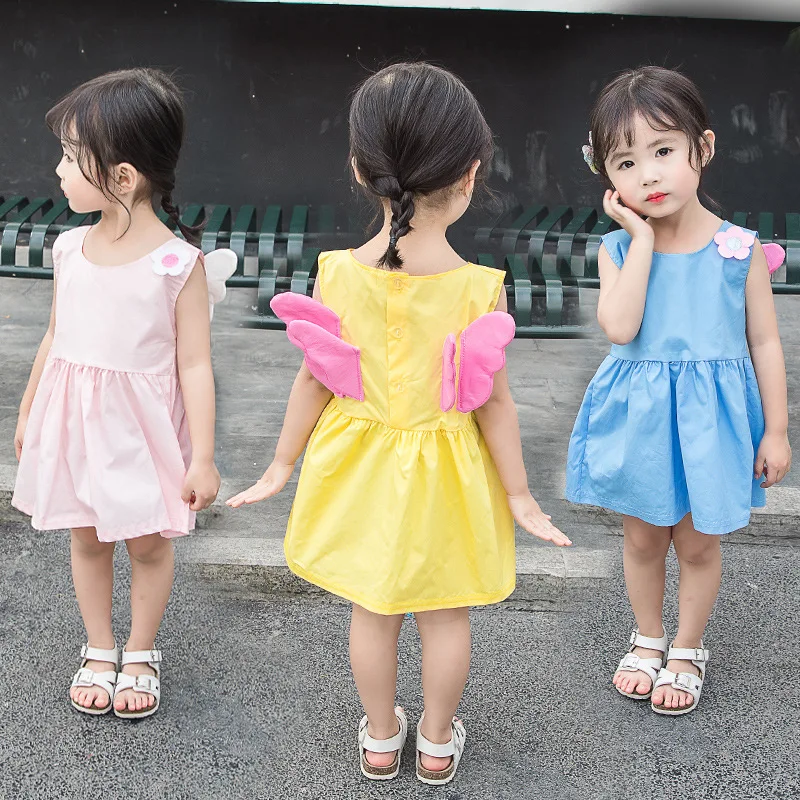 

2019 New Summer Girls Solid Color Sleeveless Dress Girl Angel Wings Cotton Princess Dress 1-4Y