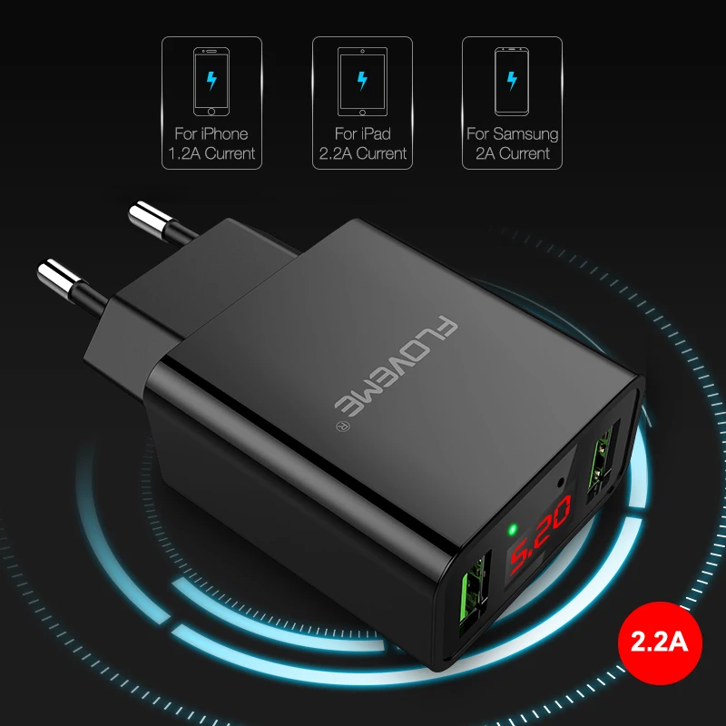 FLOVEME USB зарядное устройство 2 порта светодиодный дисплей смарт адаптер для