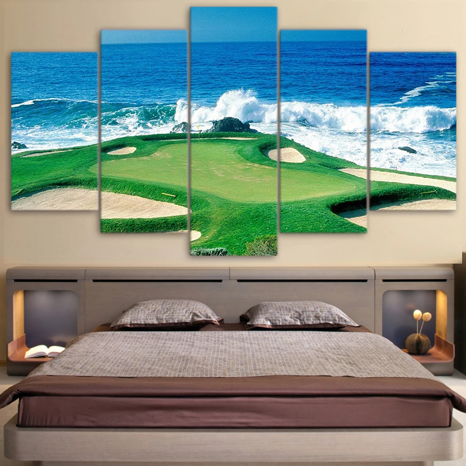 

Canvas Living Room Pictures Art Modular Poster 5 Panel Golf Course Coast Painting Wall Framework HD Printed Modern Home Decor