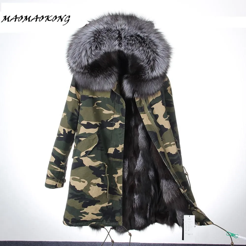 

2017 New Long Camouflage Winter Jacket Women Outwear Thick Parkas Natural Real Fox Fur Coat Hooded Pelliccia