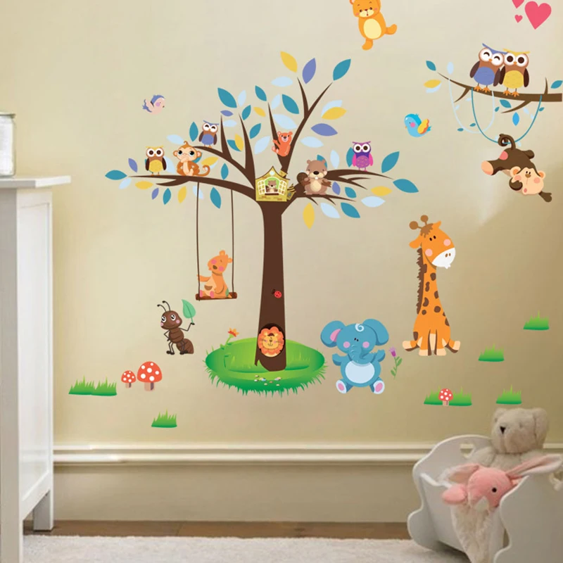 Cartoon Animal Forest Wall Stickers Owl Ant Mushroom Window Glass for