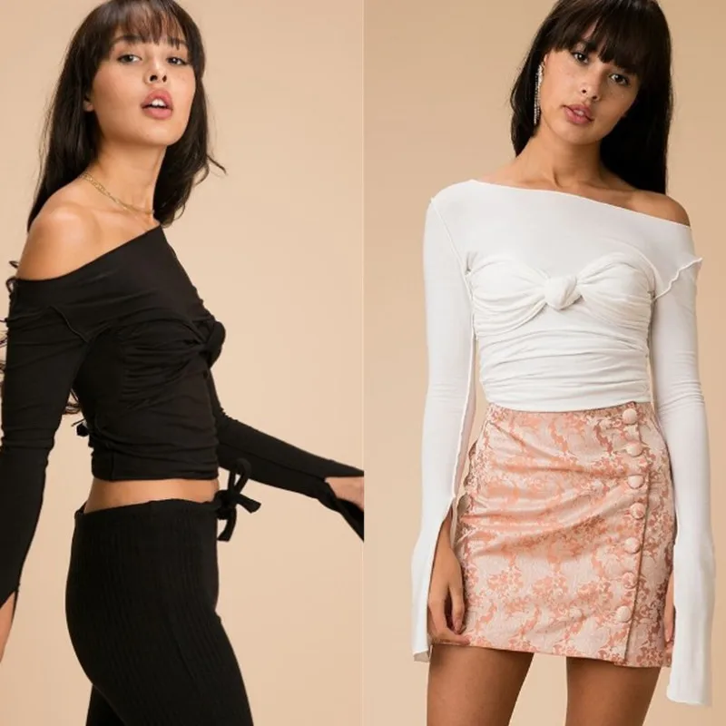 

Spring Autumn Women's New Cotton Slash Neck T-shirt Sexy Long-sleeved Solid-color Jersey Flare Sleeve Casual Tops