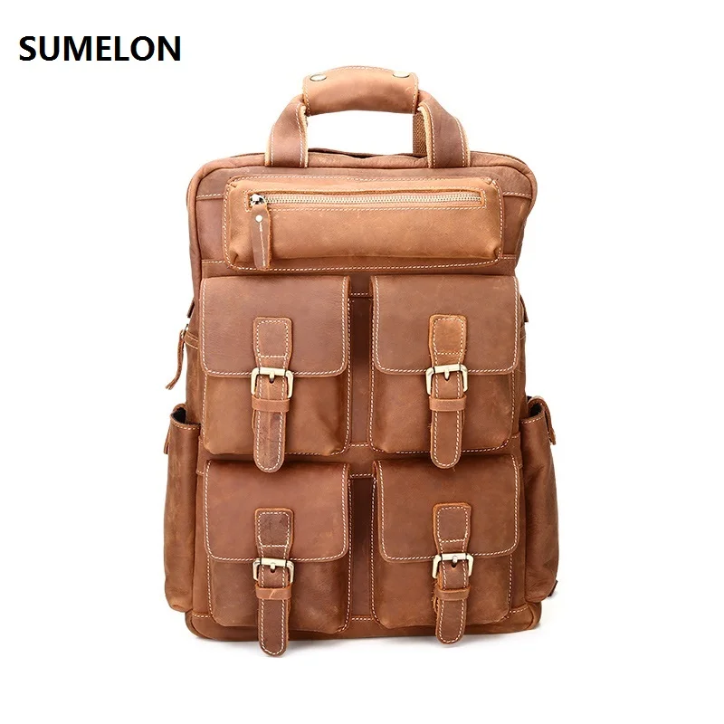 

100% Genuine Leather Men Bags Crazy Horse Cow Leather Backpacks Fashion Multi-pocket Vintage Large Backpack Laptop bag