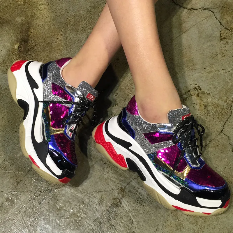 

2018 New Height Increasing Bling Glitter Sneakers Runway Sport Shoes Woman Thick Platform Creepers Female Casual Flats Feminin