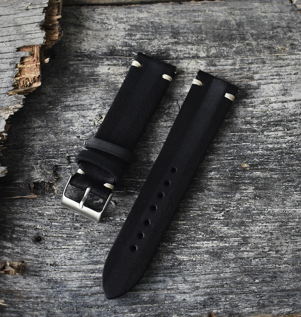 Ремешок для часов кожаный Ретро Браслет Ручной работы 18 мм 20 мм 22 мм 24 мм Высокое качество ремешок для часов Ремни для мужчин и женщин KZTS02 - Цвет ремешка: Black